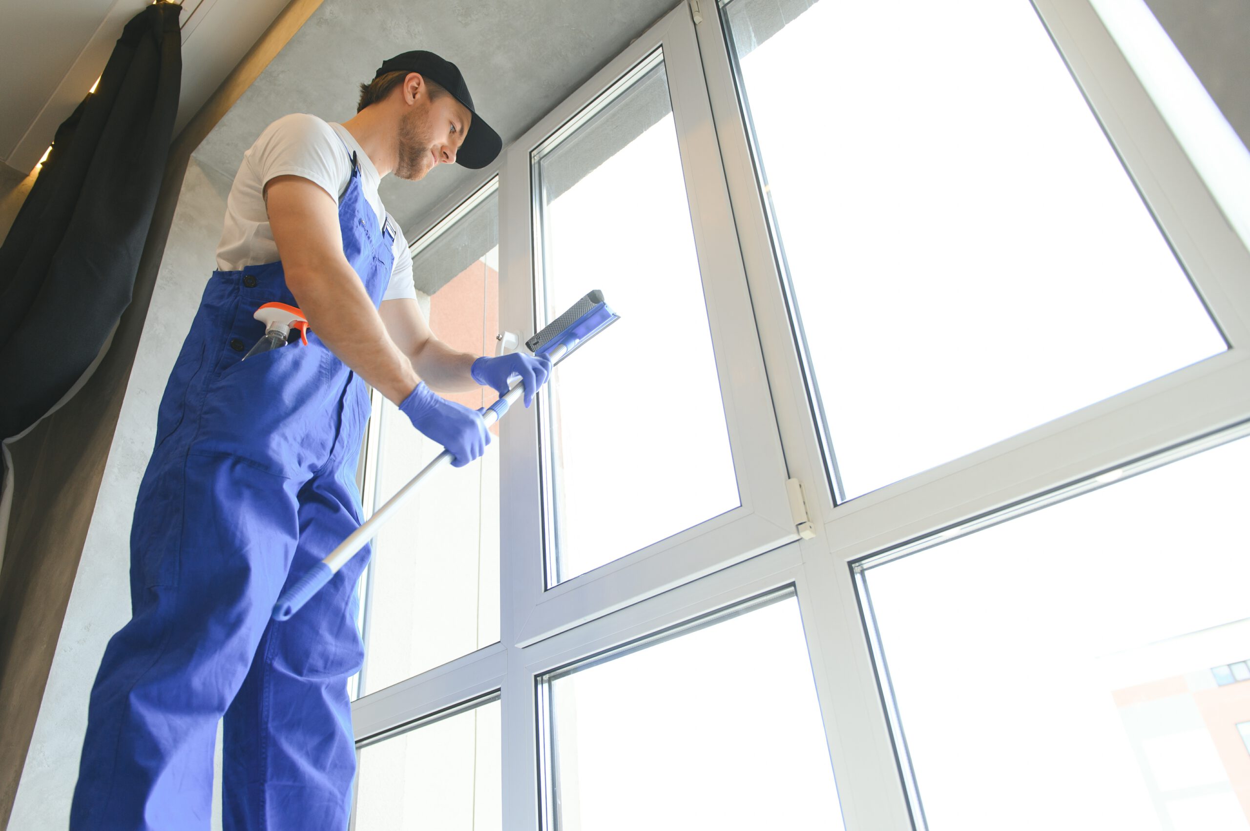 Male professional cleaning service worker in overalls cleans the windows. Fensterreinigung