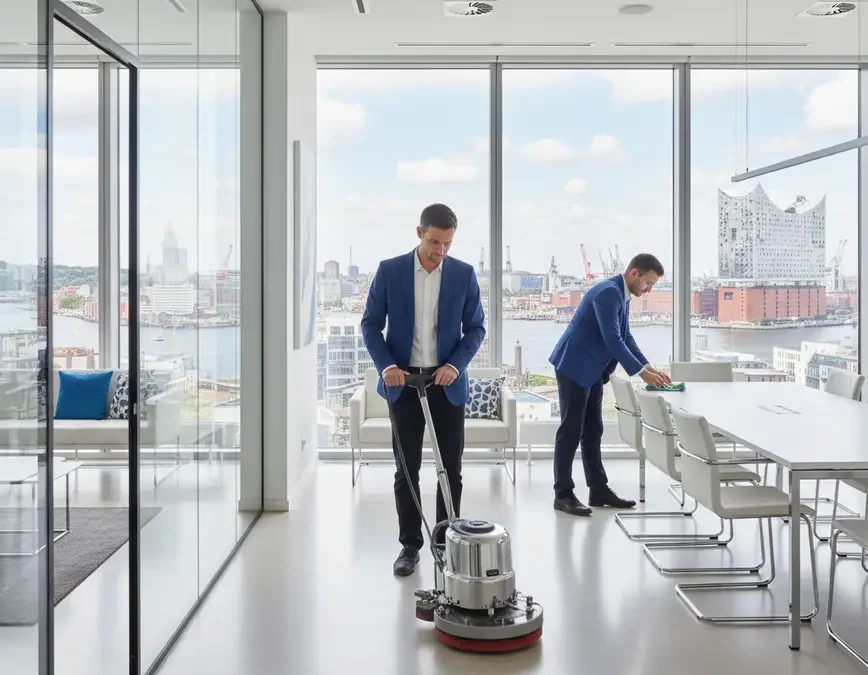 Professionelles Reinigungsteam bei der Gebaeudereinigung in einem Hamburger Buero mit Hafenblick