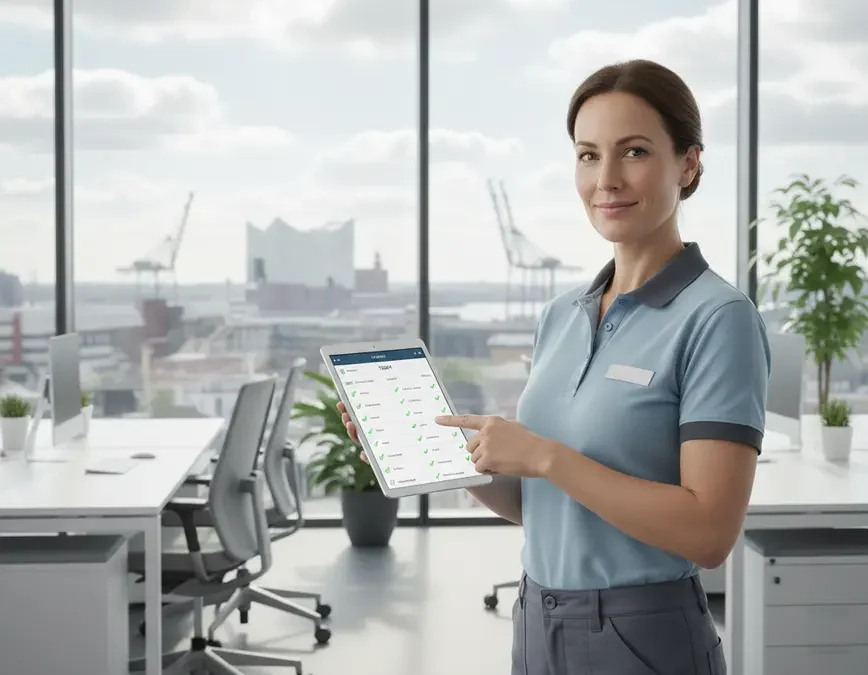 Professionelle Reinigungskraft mit Tablet zeigt digitalen Reinigungsplan in modernem Hamburger Buero