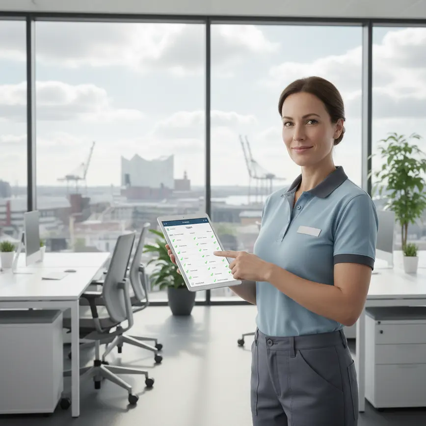 Digitalisierung 2025: Gebäudereinigung Hamburg für Profis 8 Professionelle Reinigungskraft mit Tablet zeigt digitalen Reinigungsplan in modernem Hamburger Buero