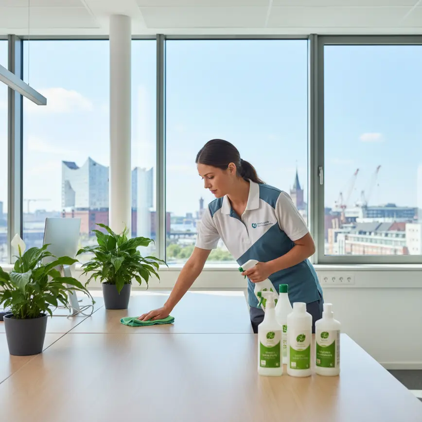 Nachhaltige Gebäudereinigung Hamburg: Umweltfreundlich & Effizient 7 Professionelle oekologische Gebaeudereinigung in modernem Hamburger Buerogebaeude mit Bio-Reinigungsmitteln