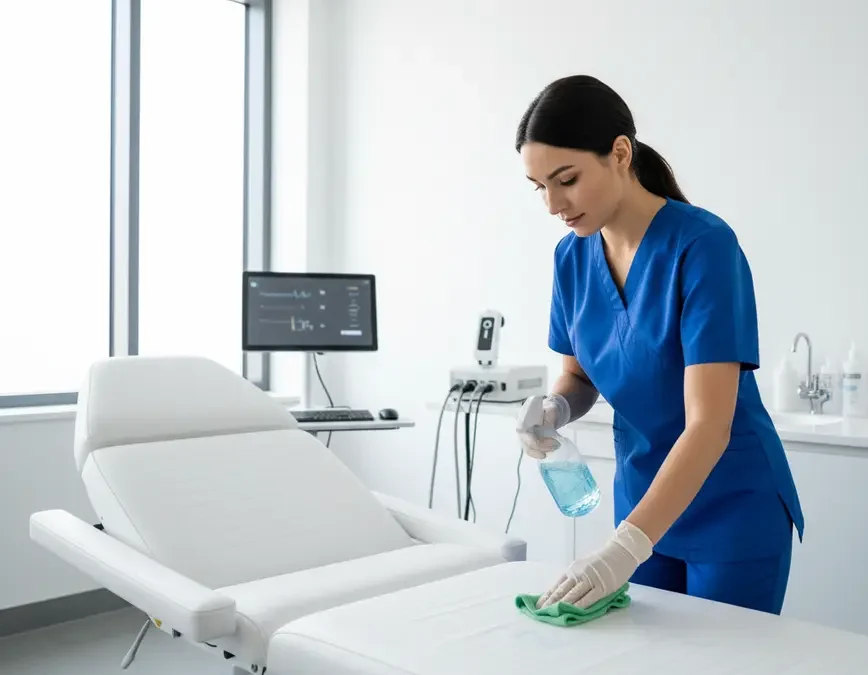 Professionelle Praxisreinigung mit Spezialisten in Schutzausruestung bei der Desinfektion eines Behandlungsraums