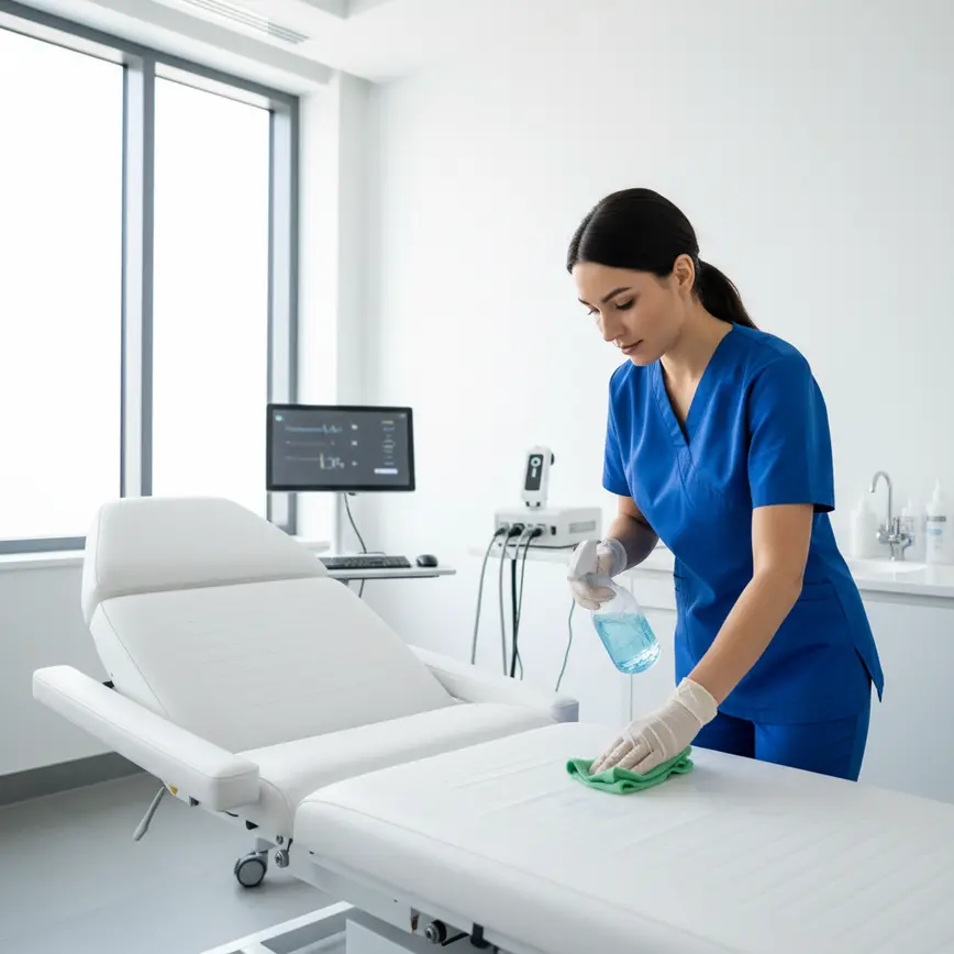 Professionelle Praxisreinigung nach RKI & DIN 13063 Standards 9 Professionelle Praxisreinigung mit Spezialisten in Schutzausruestung bei der Desinfektion eines Behandlungsraums